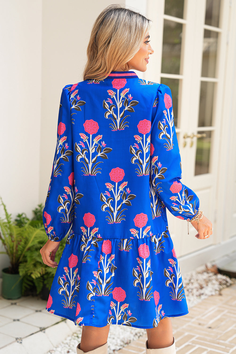 Sky Blue Floral Print Pop of Color V Neck Mini Dress 35de3321869ecc57