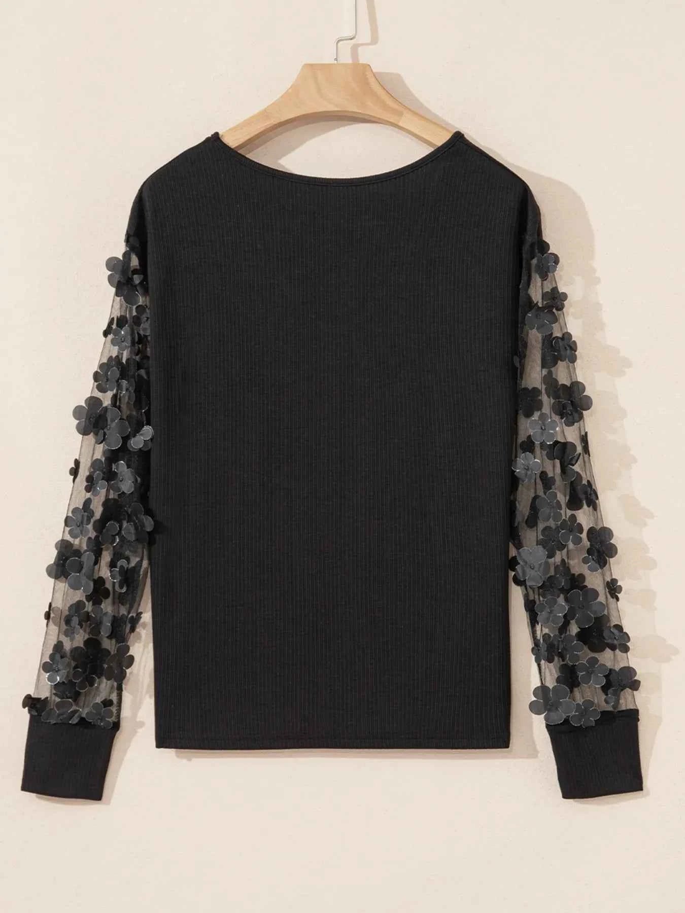 Flower Sheer Sleeve V-Neck Blouse 35e04228-7e92-46ca-939c-08e7a4d63442-Max-Origin