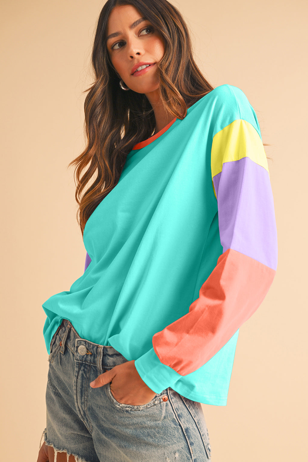Green Color Block Sleeve Loose Fit Top 35e3d32ee62590b9
