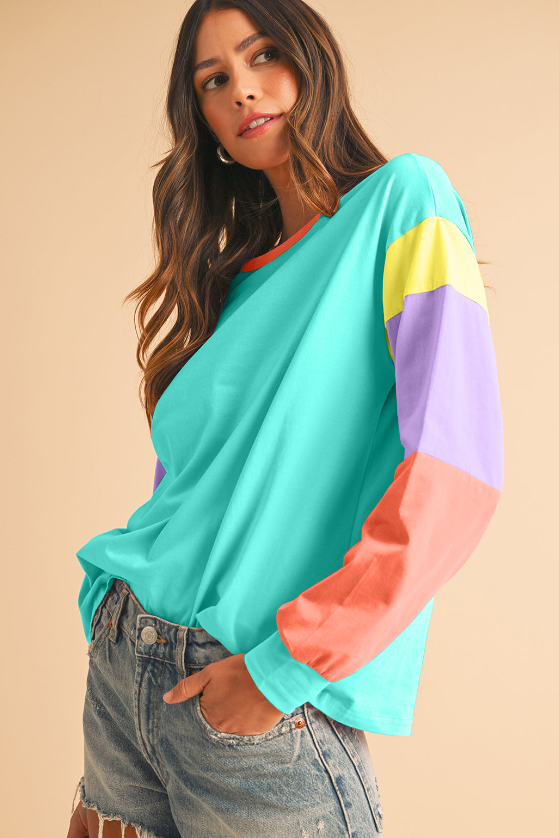 Green Color Block Sleeve Loose Fit Top 35e3d32ee62590b9