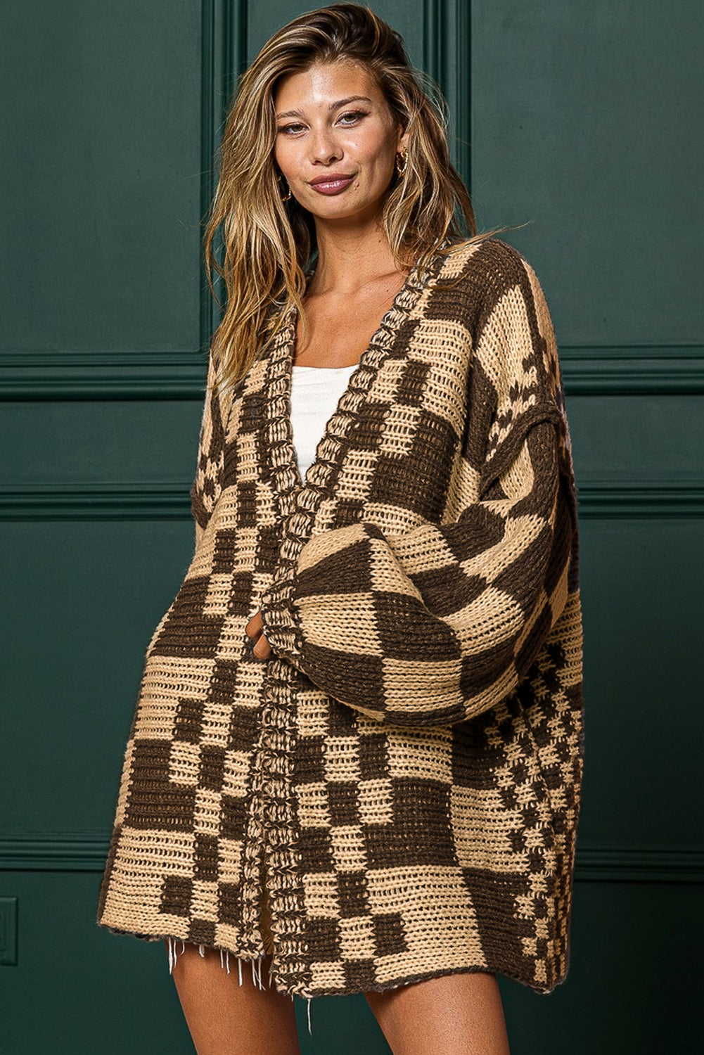 Dark Grey Colorblock Checked Loose Fit Open Front Knitted Cardigan 35f299f91f27ff86