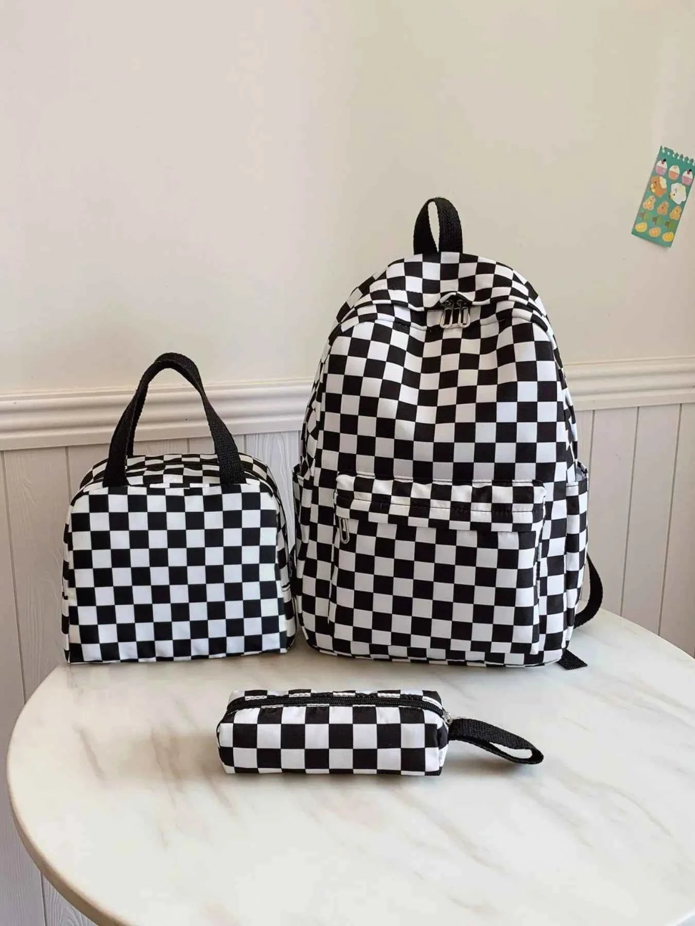 Checkered Pattern 3-Piece Bag Set Black onesize 3608ea36-817e-4120-ad40-70db71aafa71-Max-Origin
