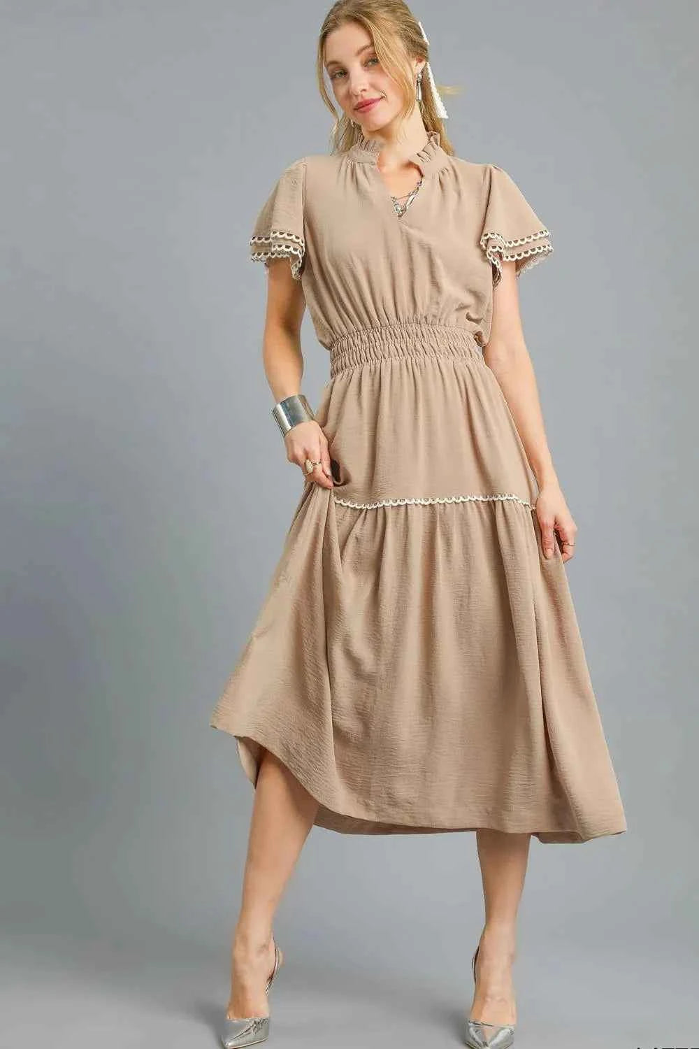 Umgee Tiered Flutter Sleeve Midi Dress Camel 360c2e0b-42b0-42af-9f89-2cd0c581481f-Max-Origin