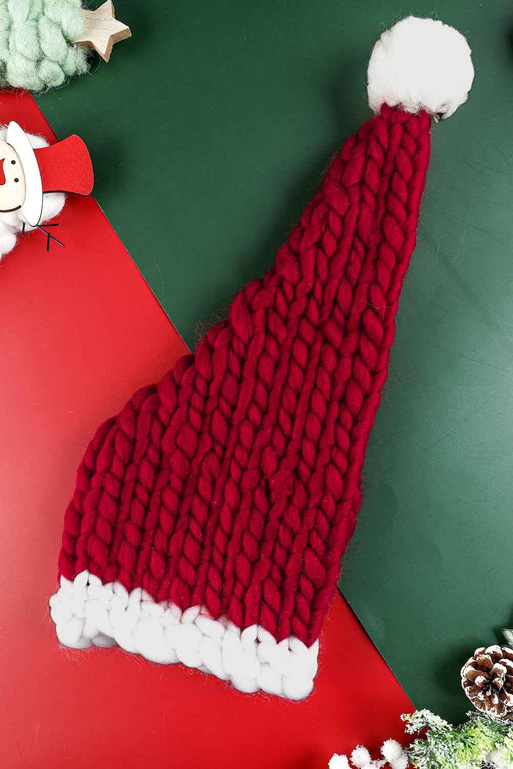 Red Dahlia Color Block Pom Pom Decor Chunky Knitted Christmas Hat 361d3056e7f58350