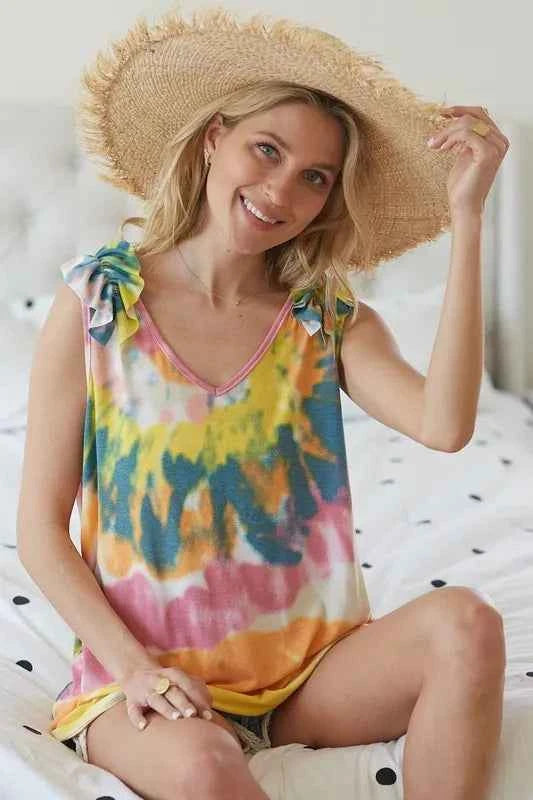 BiBi Circular Tie Dye Knit V Neck Top With Ruffle 361e75f4531f4a42aac44e840ad2abf3-Max-Origin