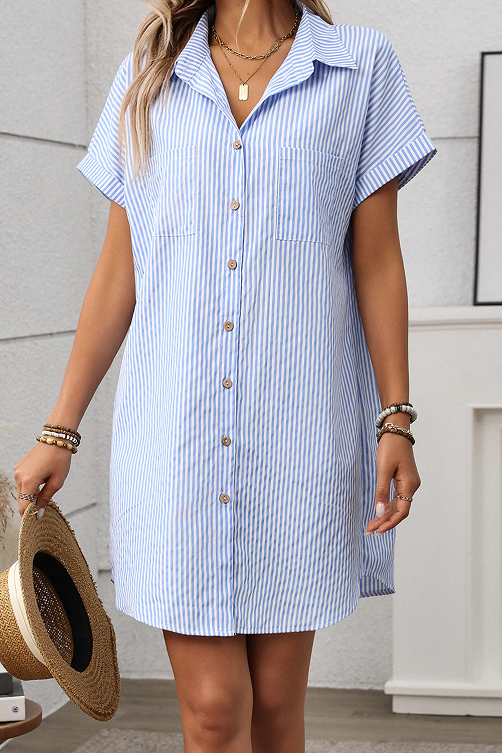 Black Stripe Button Up Pocket Collared Mini Dress 365be14af6aaaa4a