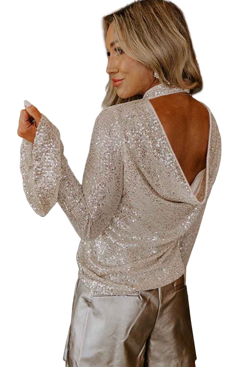 Jet Stream Sequin Mock Neck Drape Backless Bell Sleeve Top 367006d535bed966