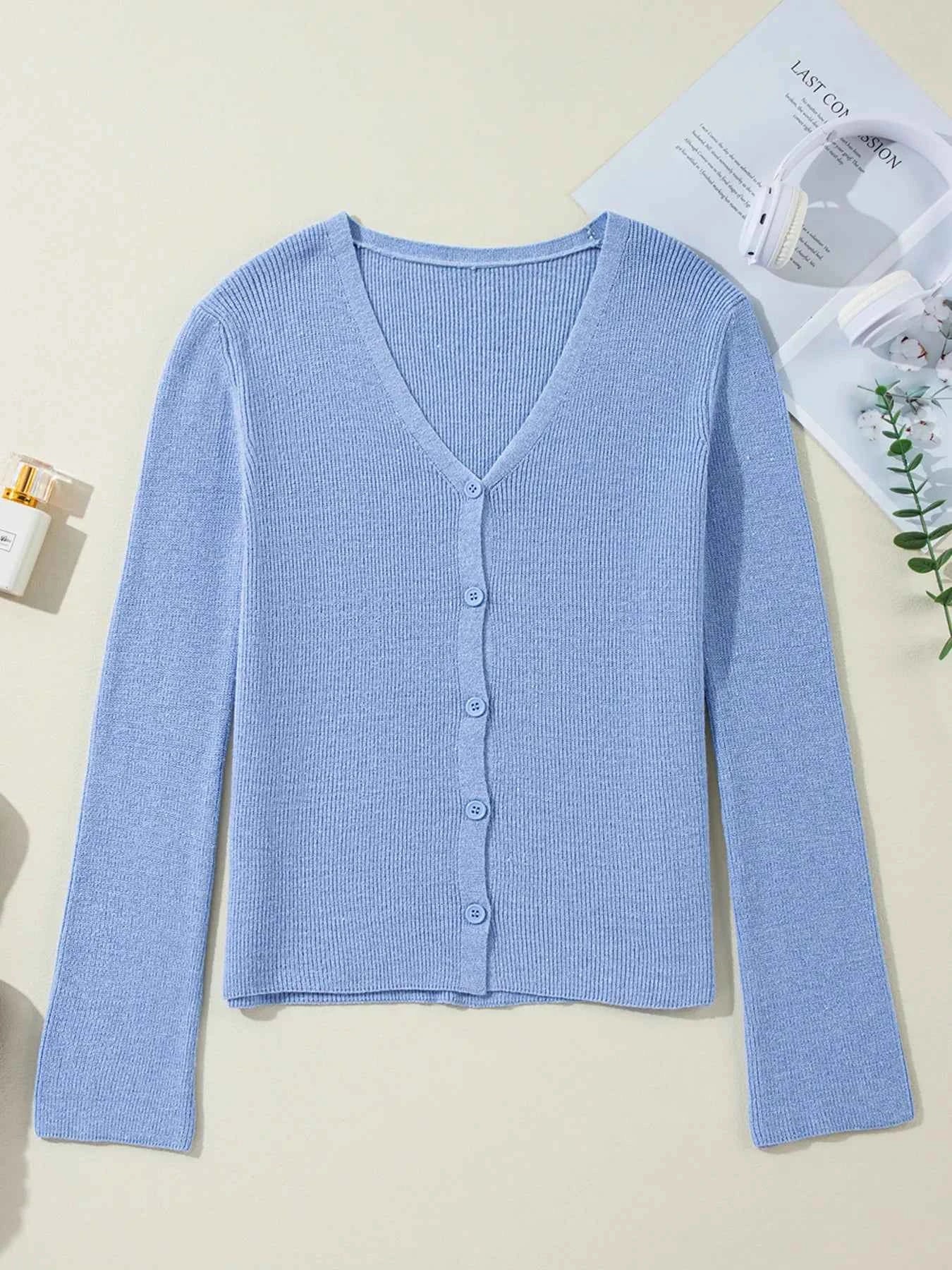 Ribbed Knit Button Front V Neck Cardigan 3676d2dec9004245ad9df369b10122ec-Max-Origin