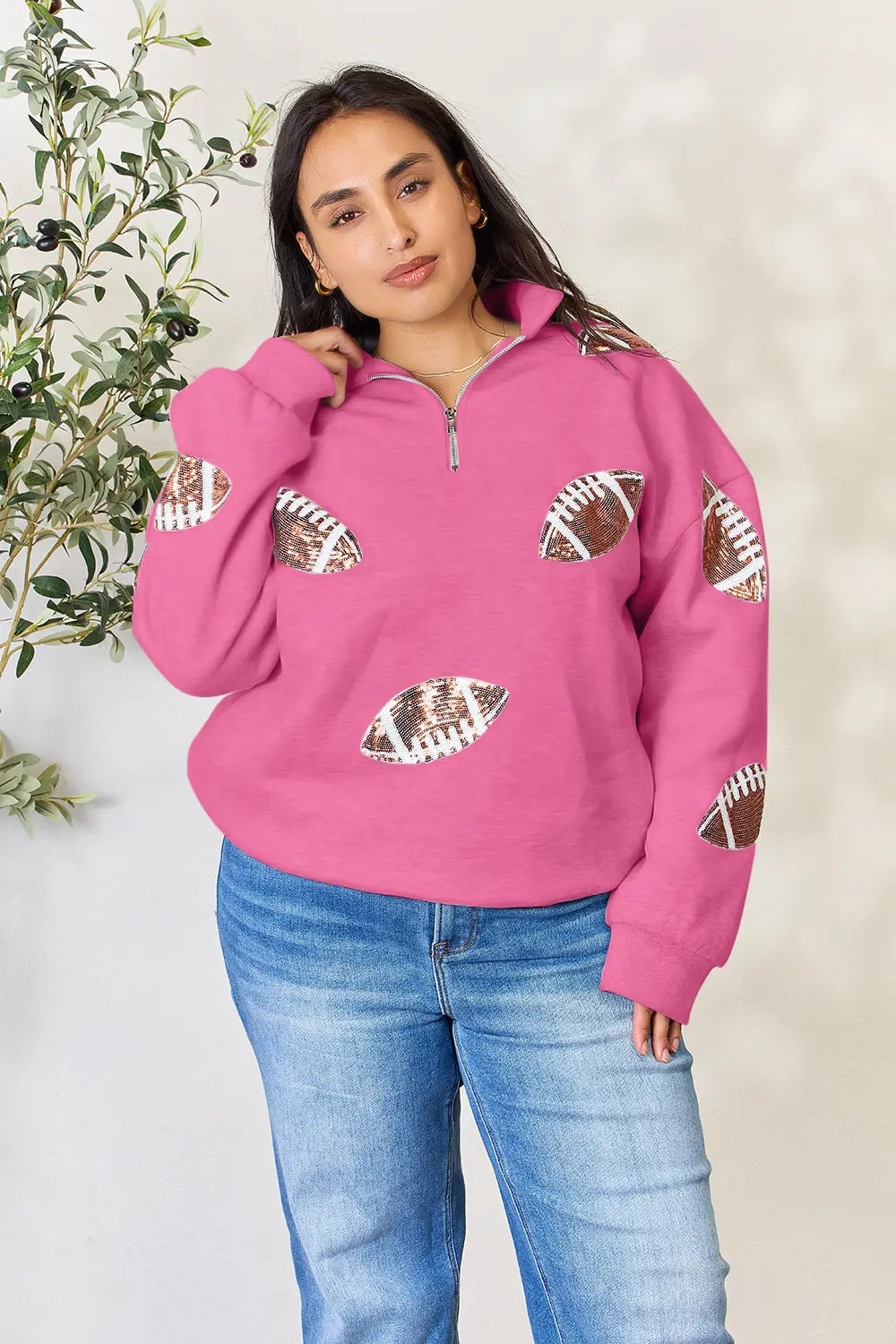 Full Size Sequin Football Half Zip Long Sleeve Sweatshirt 368096d596834a1296cc50c803dfbabe-Max