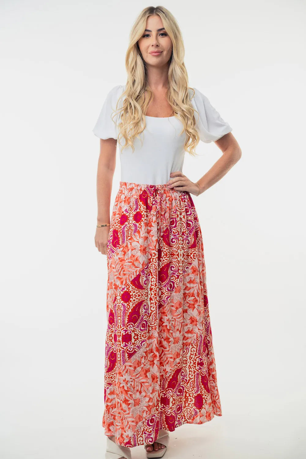 White Birch Full Size High Waisted Floral Woven Skirt Orange 368fb761-5b74-4311-92ae-6e5b2caf183b-Max