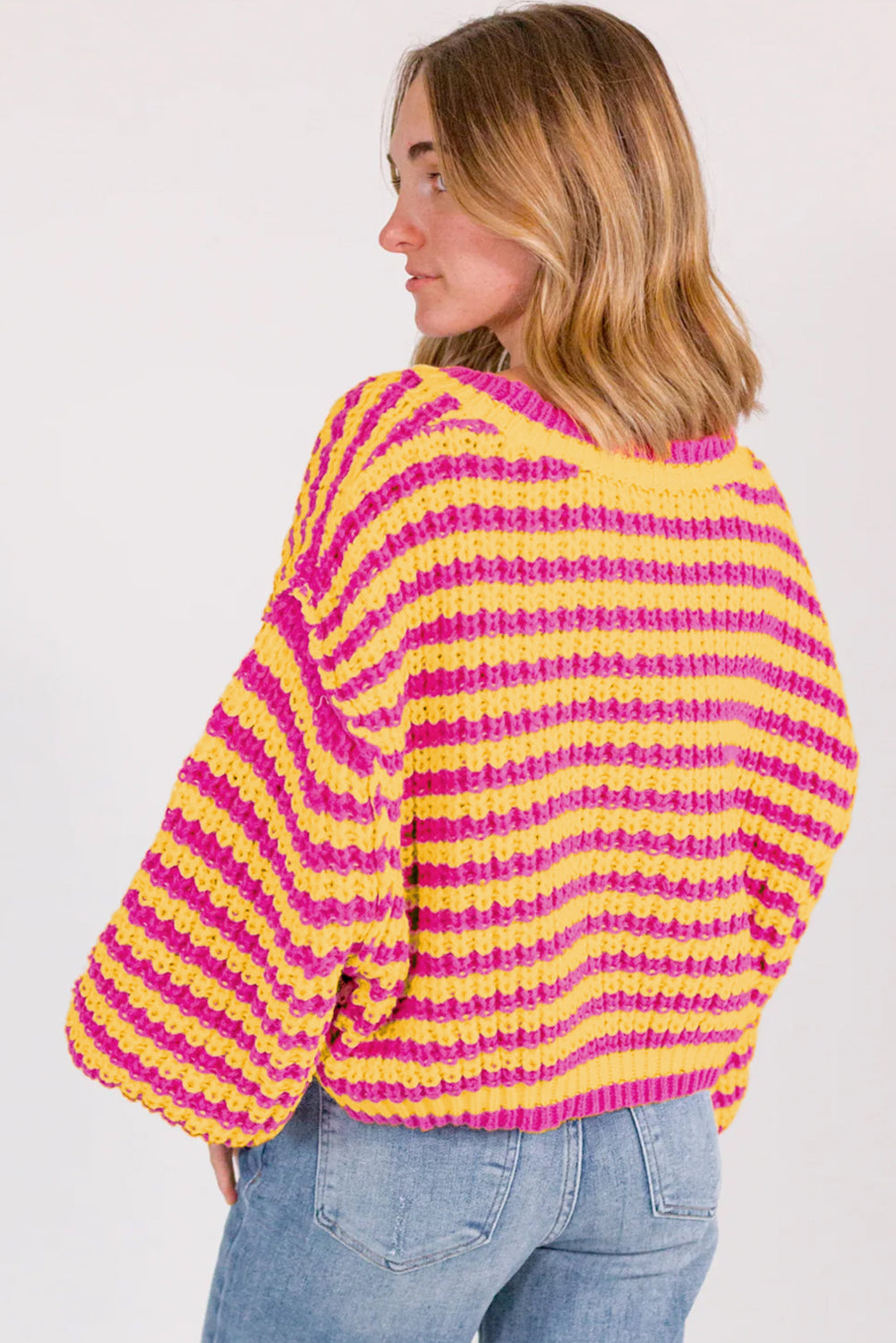 Orange Striped Bubble Sleeve Loose Sweater 36a6f2264481e850