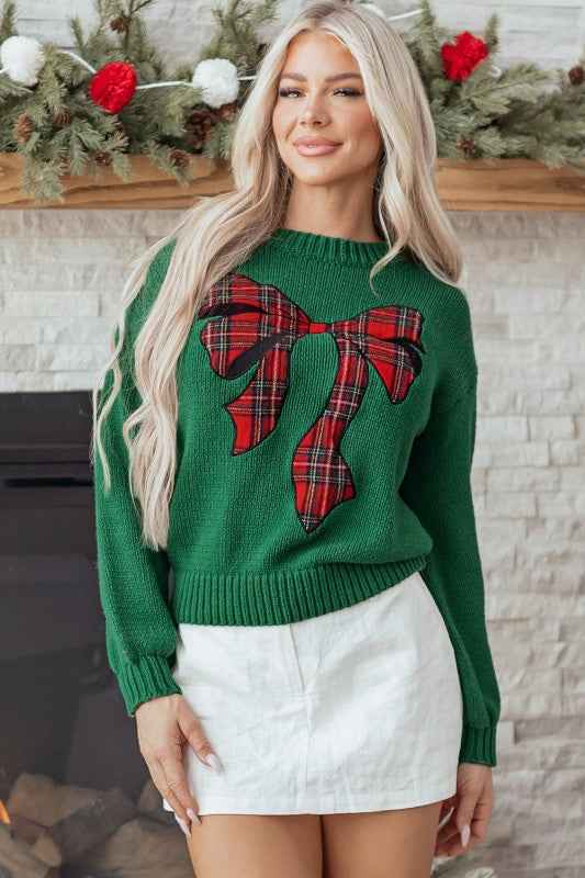 Plaid Bow Drop Shoulder Christmas Sweater Evergreen 36b7f214-0bd7-4221-8e7b-9efd492ce82a
