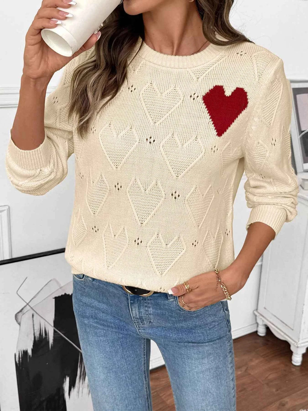 Openwork Heart Round Neck Sweater 36c64d811506429db8e0c3b8e79071c0-Max-Origin