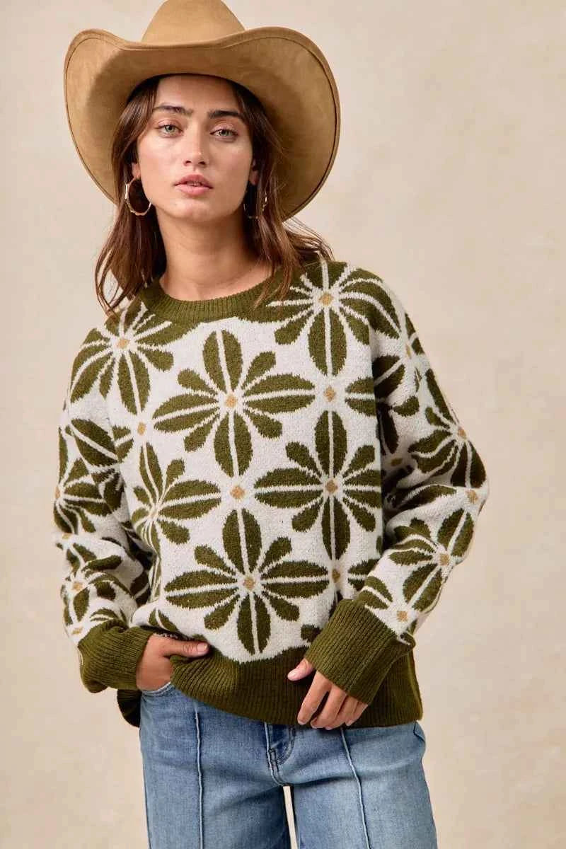 BiBi Flower Pattern Long Sleeve Sweater 36e6b3e2b4d549ab9ee470fe0fdf30a0-Max-Origin