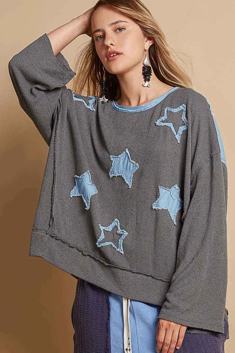 POL Exposed Seam Relaxed Fit Sweater with Star Denim Patch 36ea744f-dbc6-409e-9166-26b296d876e4-Max-Origin