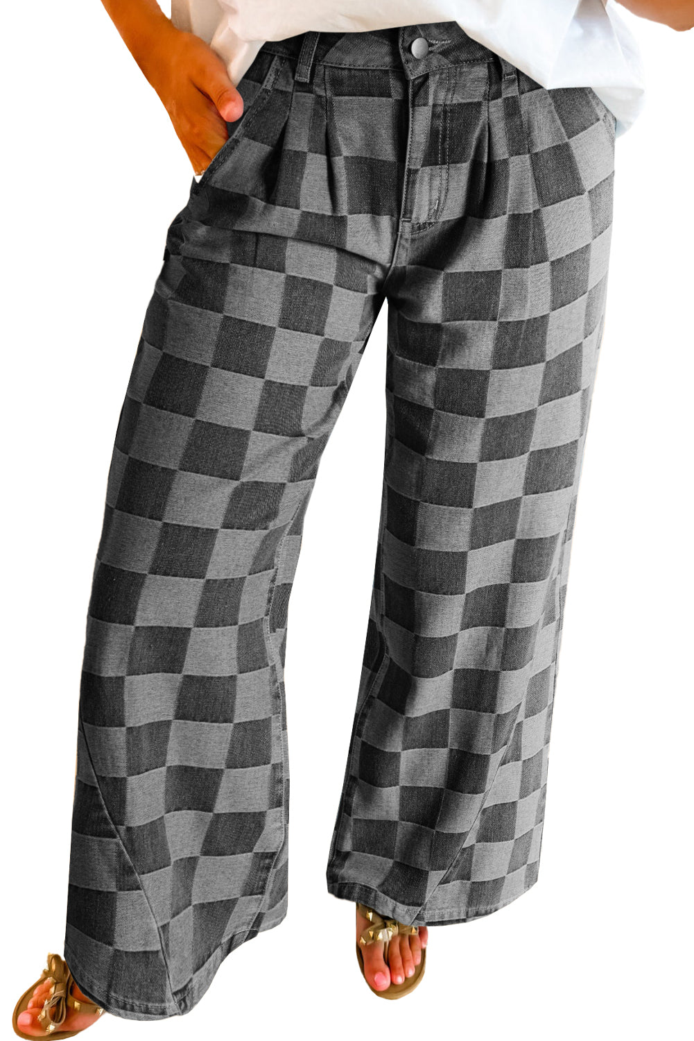 Dusk Blue Checkered Light Washed Wide Leg Jeans Dark Grey 50%Polyester+50%Cotton 36ec353b4e4f7705