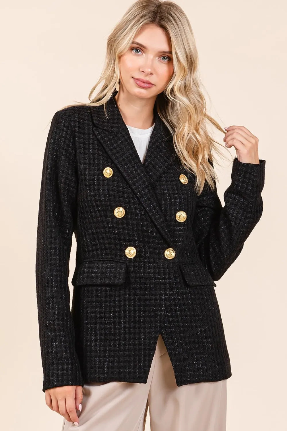 Mittoshop Plaid Texture Double-Breasted Long Sleeve Blazer 3711c4d4-6915-4661-af2a-4a7d083bf61e-Max