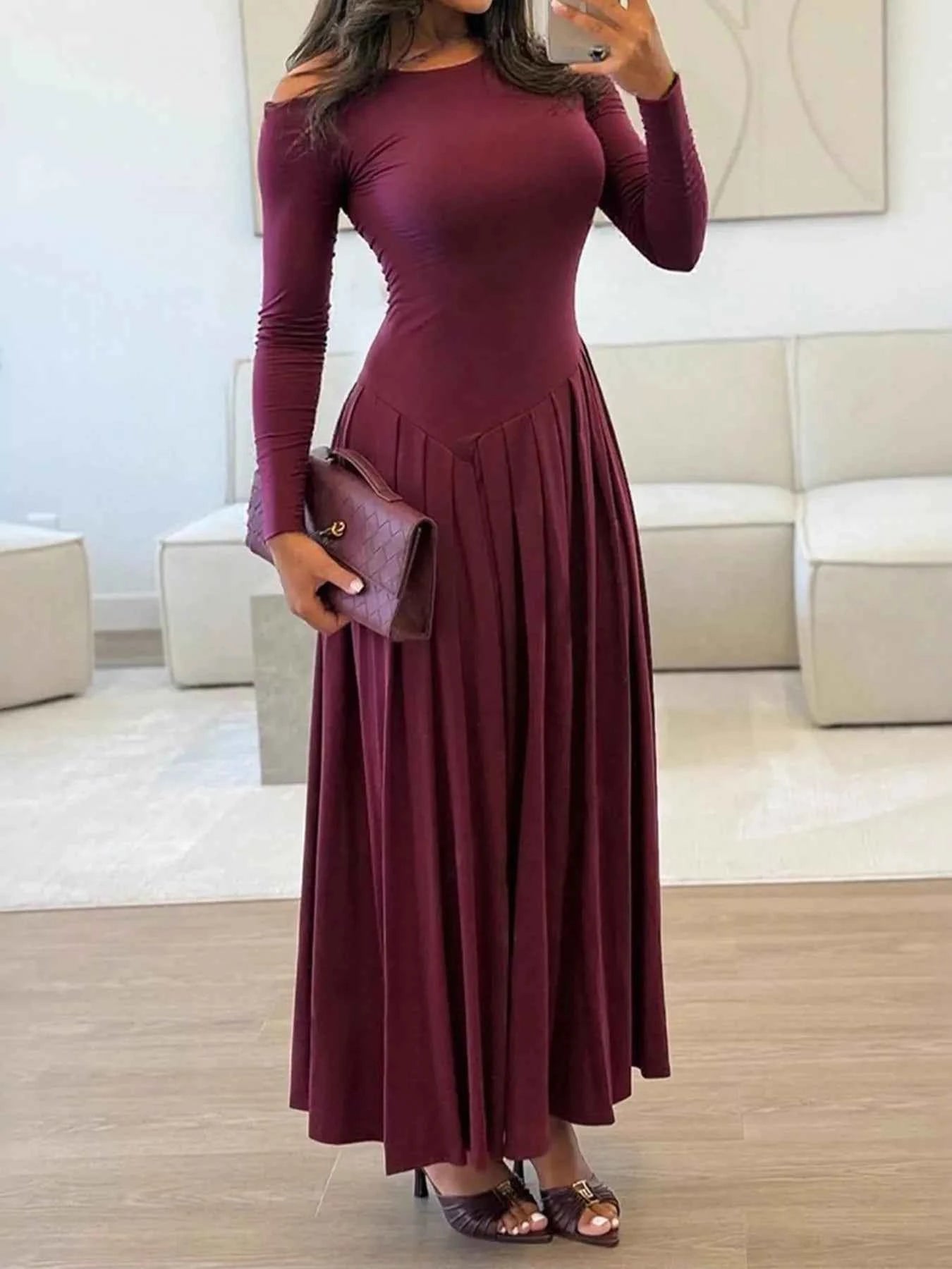 Ruched One Shoulder Long Sleeve Dress Burgundy 37271ea396c84bd0b1c124b46e8dbdf3-Max-Origin