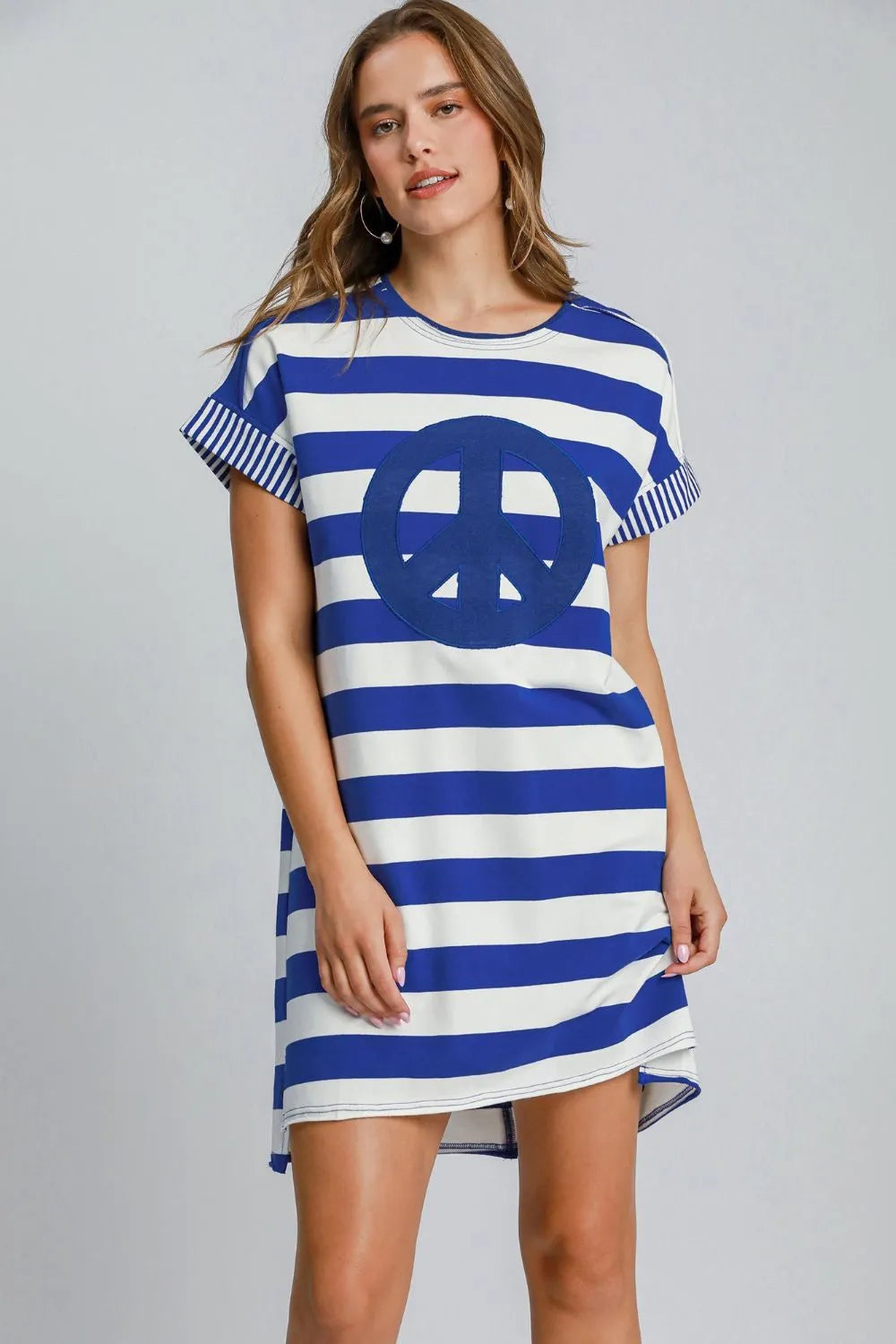 Umgee Peace Applique Striped Short Sleeve Mini Dress Royal Blue 372e0ff0-4f93-4464-9729-b10de97081a7-Max