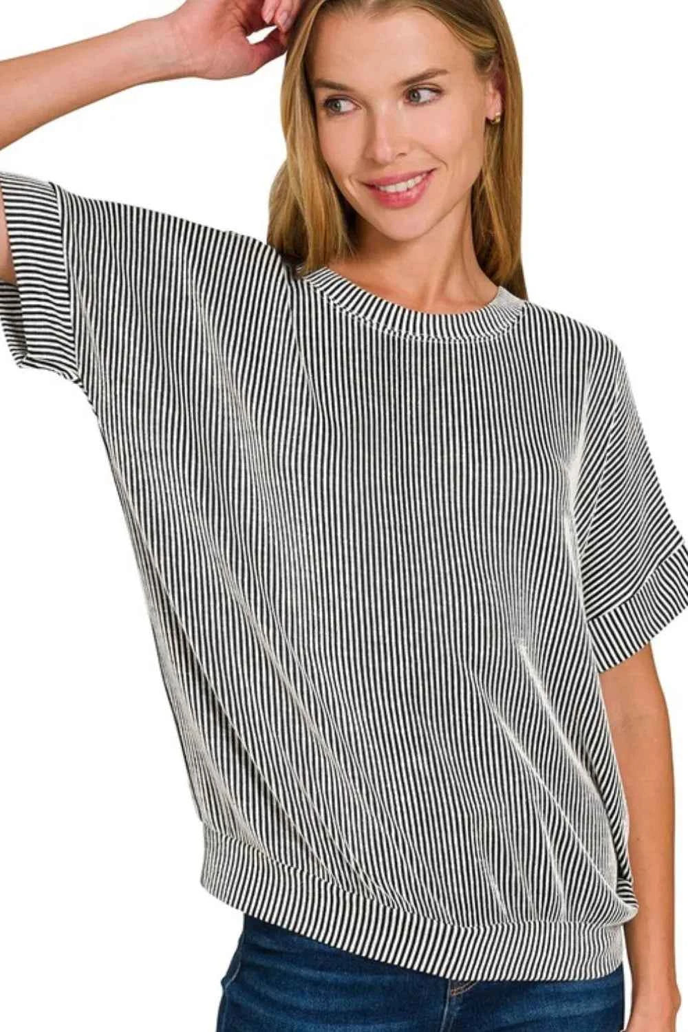 Zenana Corded Rib Short Sleeve T-Shirt BLACK 373c902d-3860-4fd5-9867-66a1d5805b6d-Max-Origin