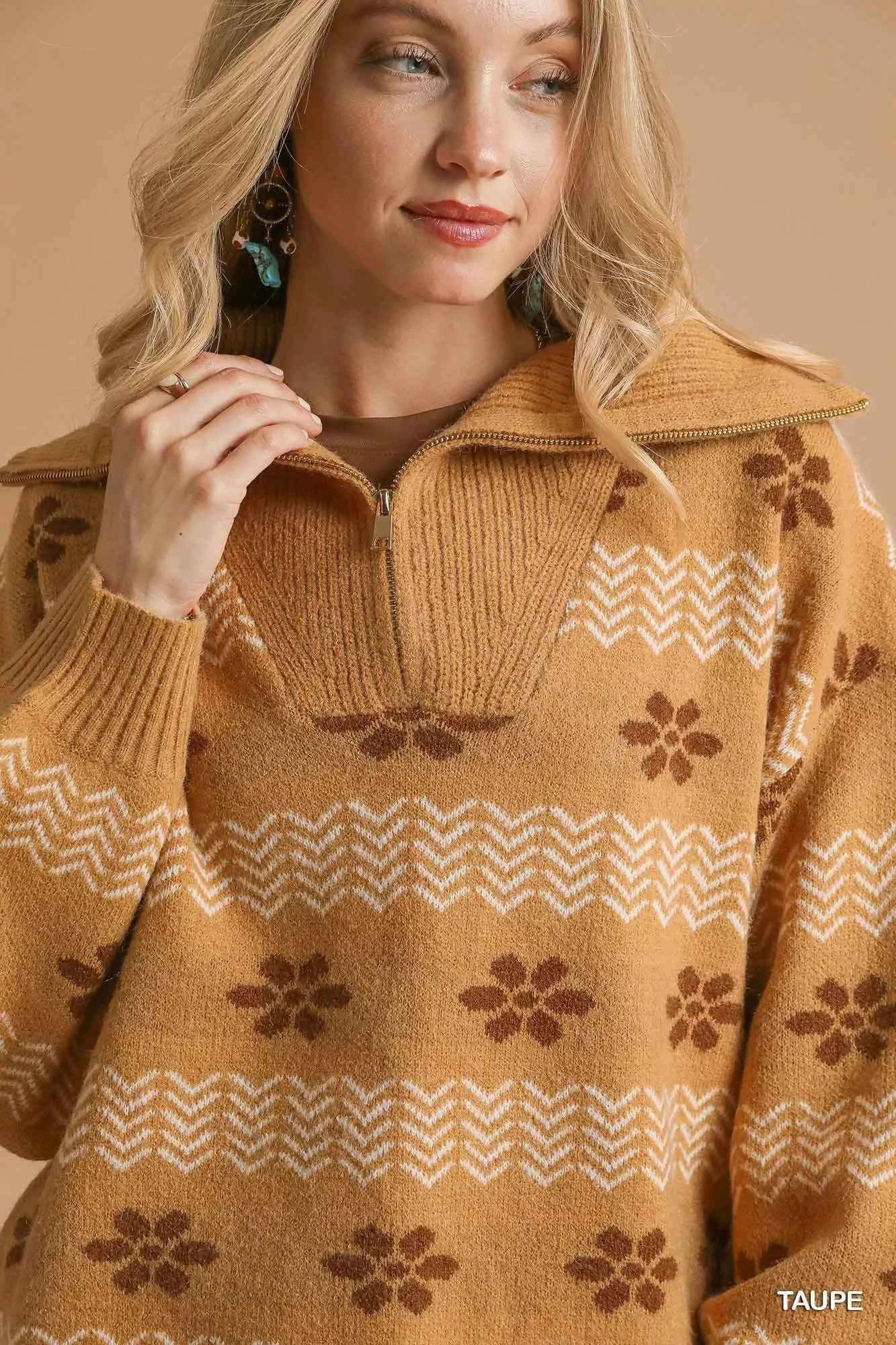 Umgee Floral Patterned Jacquard Quarter-Zip Pullover Sweater 373e213b-d46e-47ce-a59f-4504a26f34e6-Max-Origin