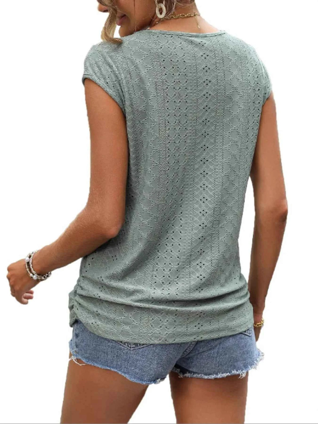 Eyelet V-Neck Cap Sleeve T-Shirt 374e7dd1580840fc907fa5b6f660ddda-Max-Origin