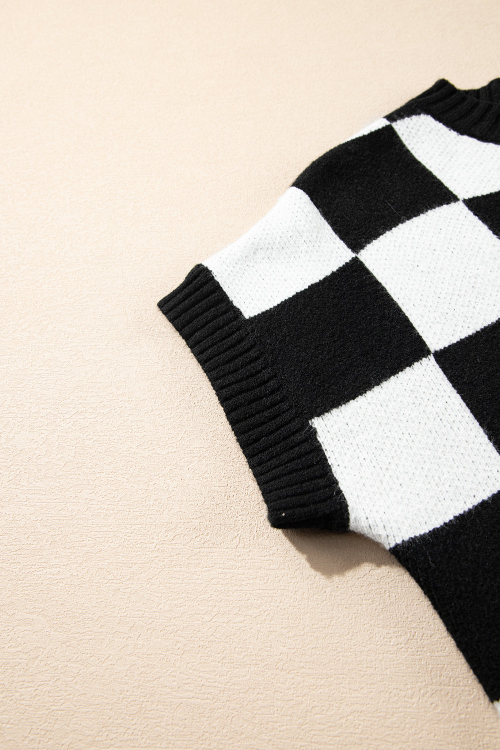 Light French Beige Checkered Knit Dolman Short Sleeve Sweater 3750fd178ed6c64d