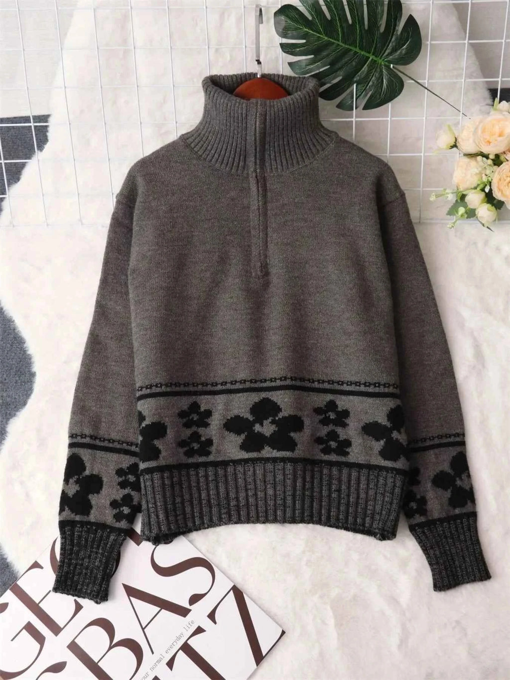 Flower Zip Collar Long Sleeve Sweater 37515decf3124dc9bd3331633c77dceb-Max-Origin