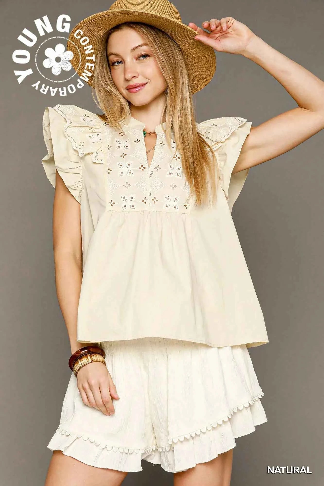 Umgee Eyelet Embroidered Ruffle Sleeve Blouse NATURAL 3778b6ad-c158-4941-b3a6-1798312e5862-Max-Origin