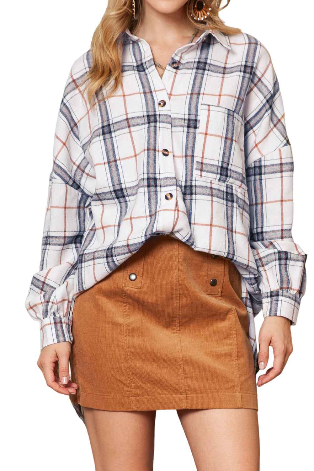 White Plaid Slits Bishop Sleeve Oversized Shacket White 95%POLYESTER+5%ELASTANE 377d3b8923dc72da