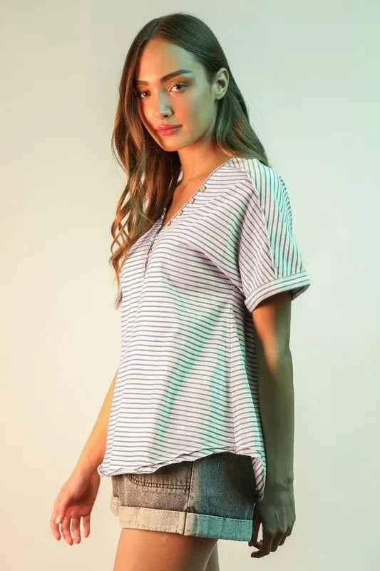 VERY J Striped V-Neck Short Sleeve T-Shirt 378498cf1587487ba534465c8bd98429-Max-Origin