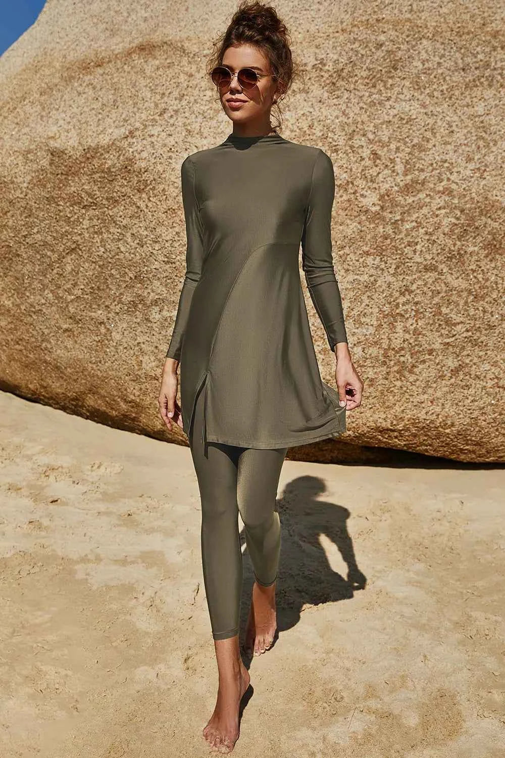 Slit Mock Neck Long Sleeve Top and Pants Swim Set Army Green 37882e05-0079-4a17-bd39-d8fbee51afe2-Max