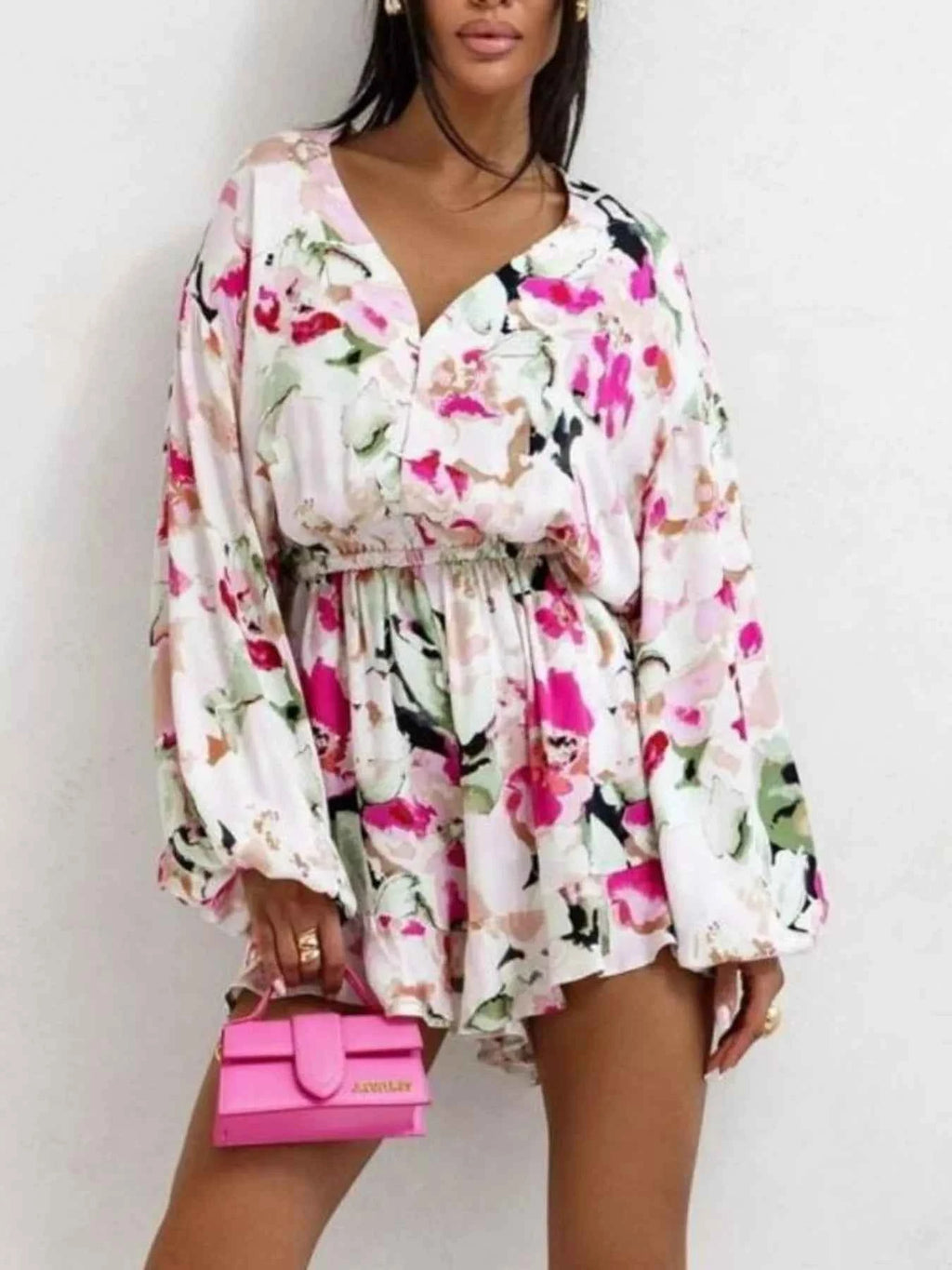 Floral V-Neck Long Sleeve Romper with Elastic Waist 378a3119-c689-4411-8730-db33b988586f-Max-Origin