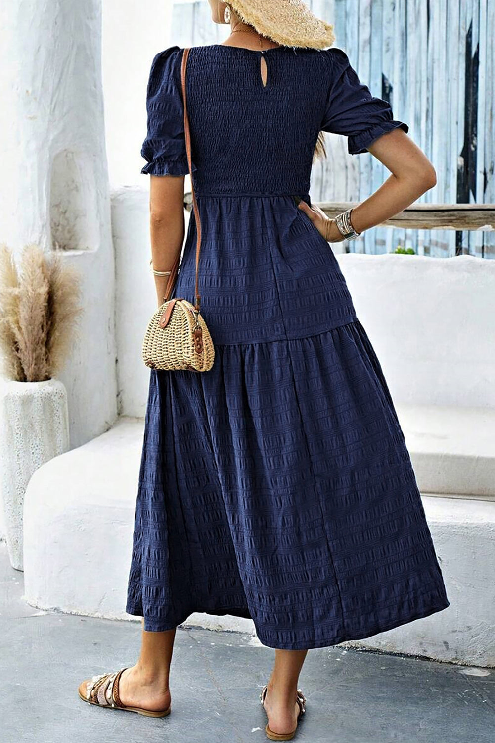 Sail Blue Solid Textured Smocked High Waist Midi Dress 378e6d0c754bdb84