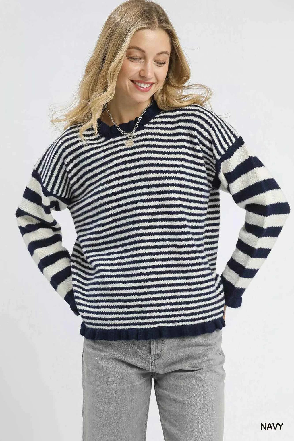 Umgee Ruffle Neck Stripe Sweater Navy 37a46d25-4291-41ce-b571-bcfafbdc1580-Max-Origin