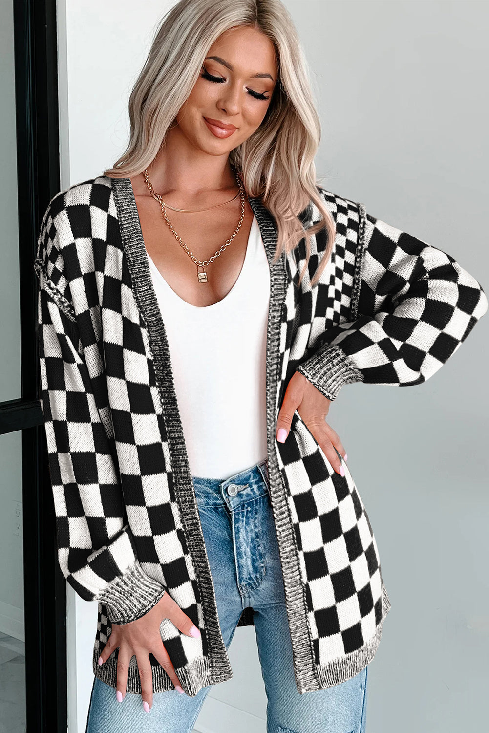 Orange Checkered Open Front Drop Shoulder Cardigan 37b3273f96d1f3f9