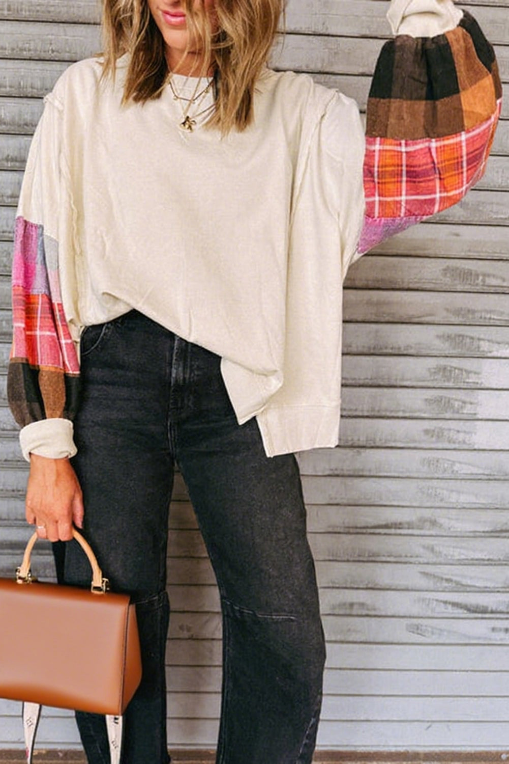 Beige Plaid Patchwork Long Sleeve Exposed Seam Loose Top 37b9b5e4d0e58fbf