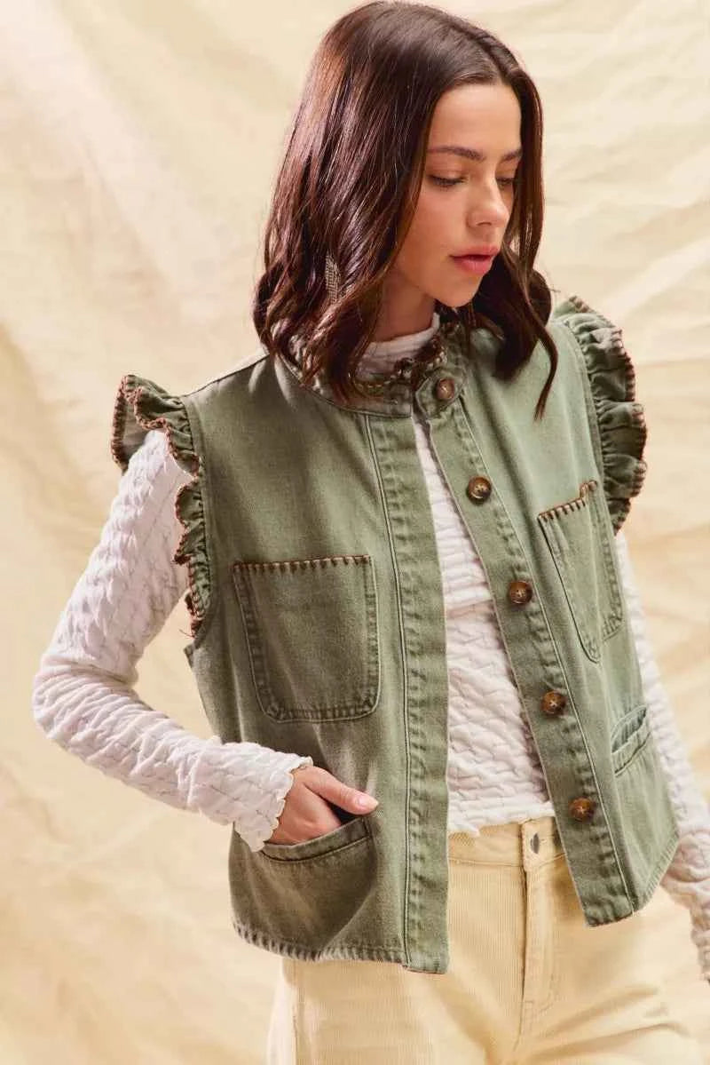 SO ME Washed Denim Stitch Ruffled Hidden Button Vest Top 37bc4d5811534b5e915eccc7166d20a3-Max-Origin