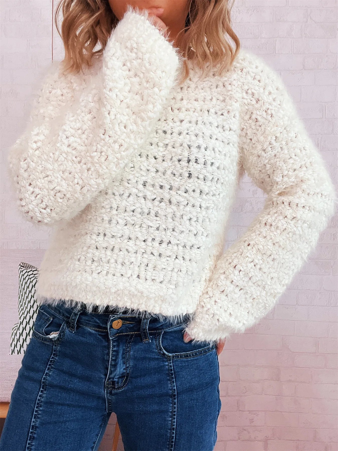 Crochet Round Neck Dropped Shoulder Sweater White One Size 37c3545e1f424341b5bddd72cb8a0825-Max-Origin