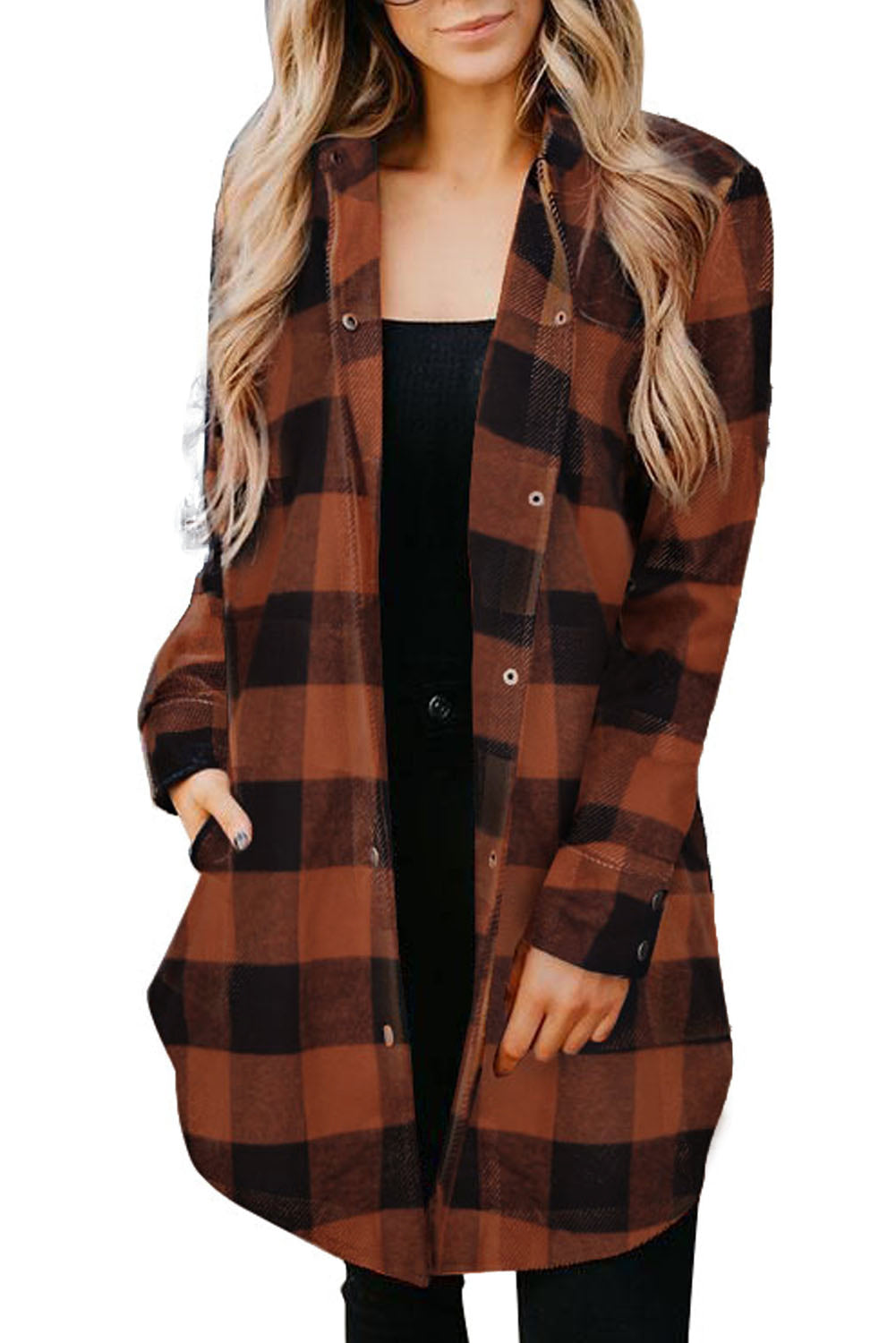 Brown & Black Plaid Collared Botton Down Long Shirt Shacket 37dfa55c15ae770b