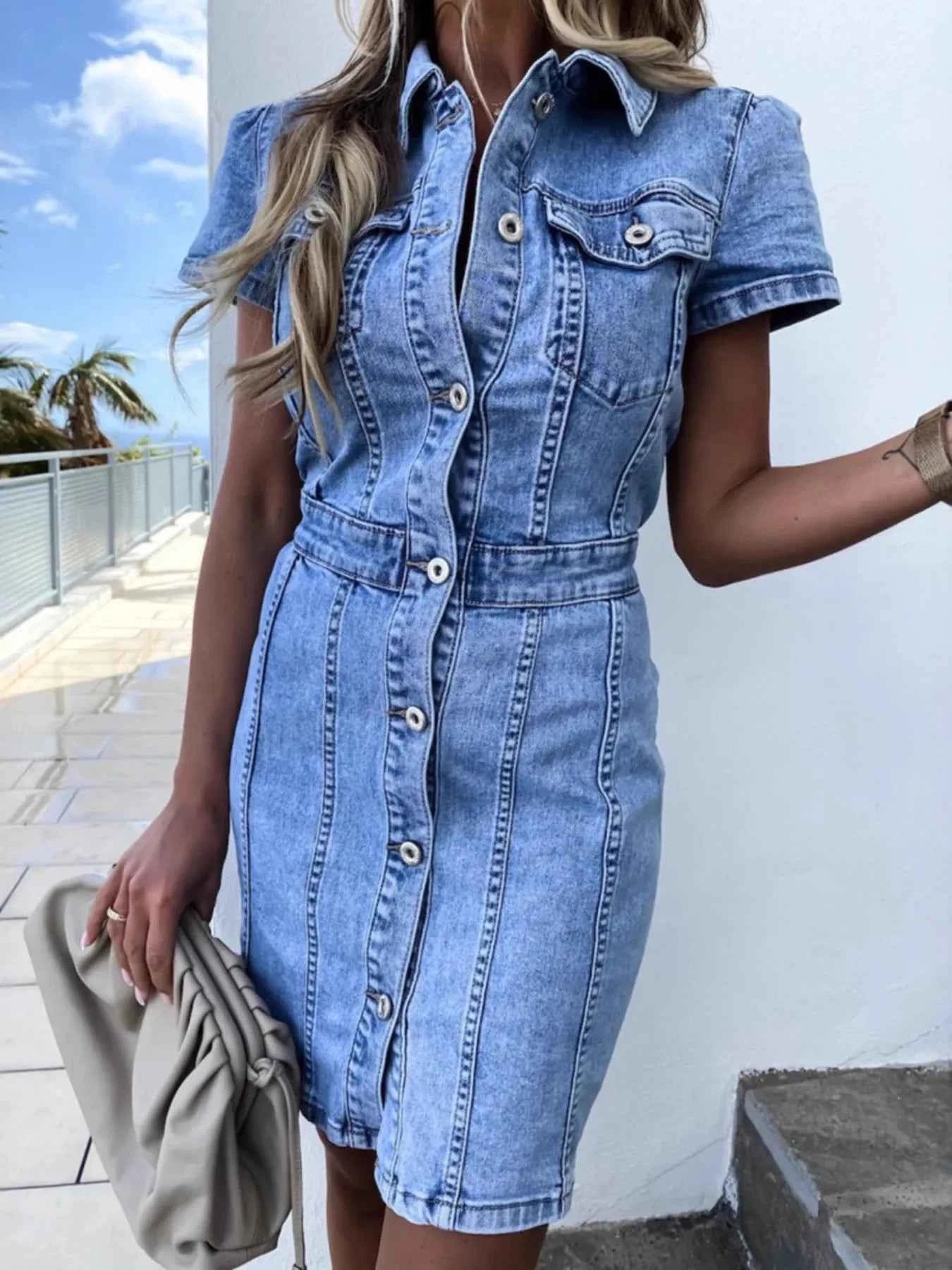 Button Front Short Sleeve Denim Dress 37f3f8d8f3af4f39bacb9fd0385973dd-Max-Origin