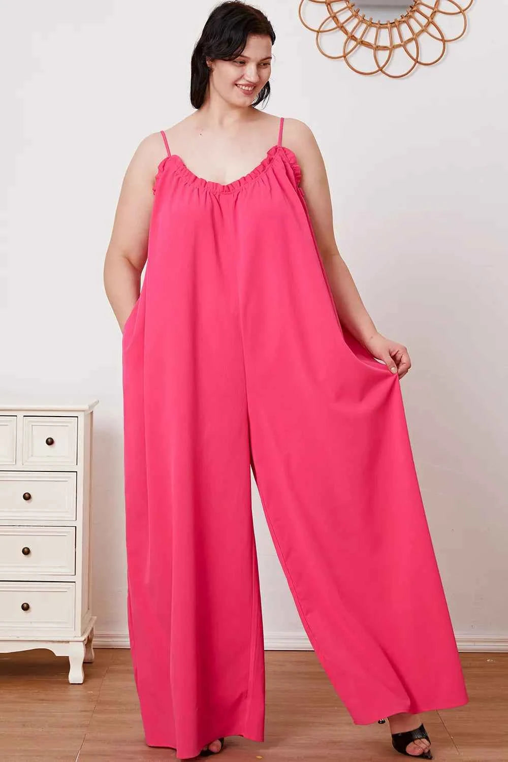 Double Take Full Size Ruffle Trim Tie Back Cami Jumpsuit with Pockets 37f5b8c3-4298-4559-9fc0-abd9abe293c6-Max