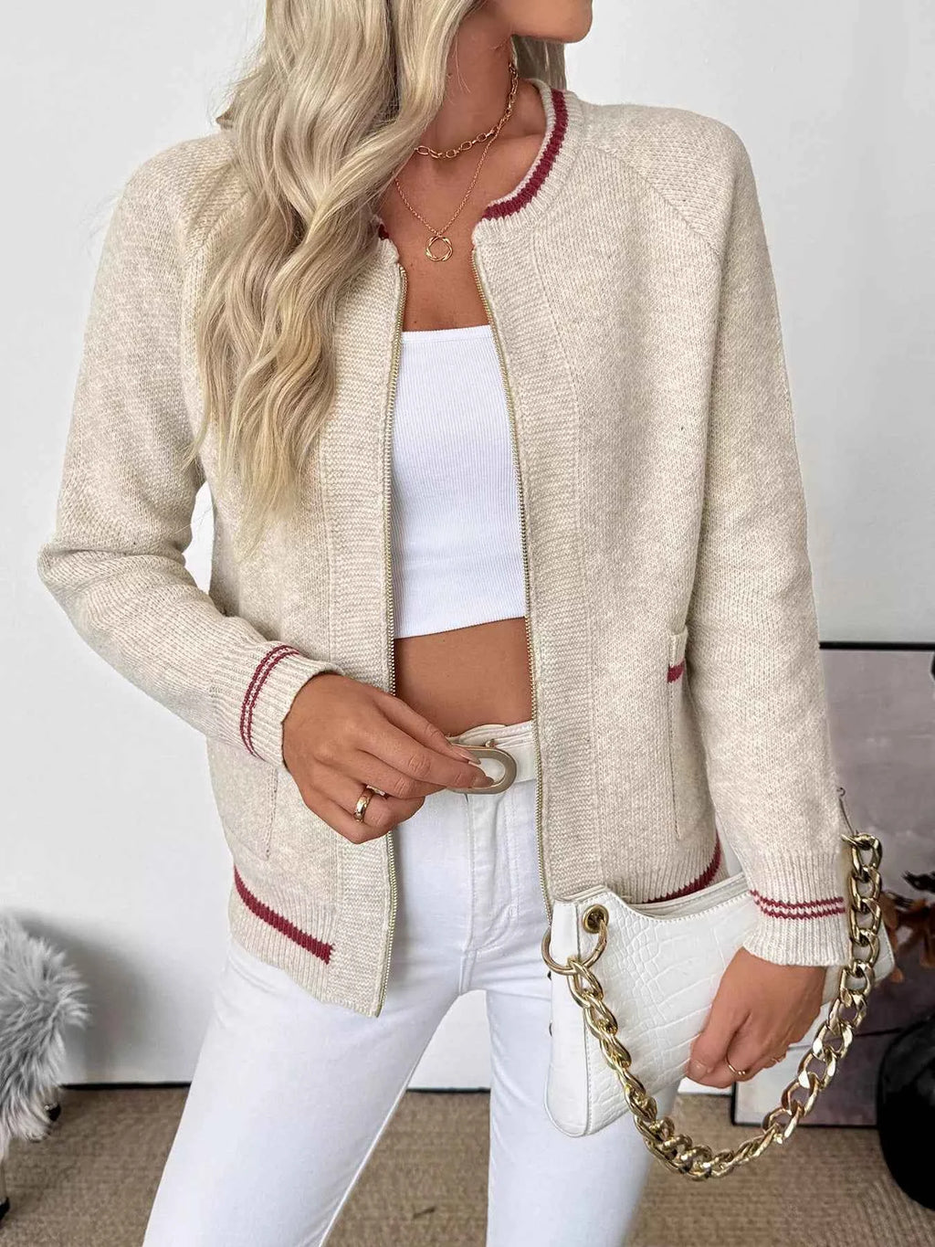 Zip Up Contrast Trim Cardigan 37fd362d23fa4c2cbb6f526e7a6bcfc1-Max-Origin