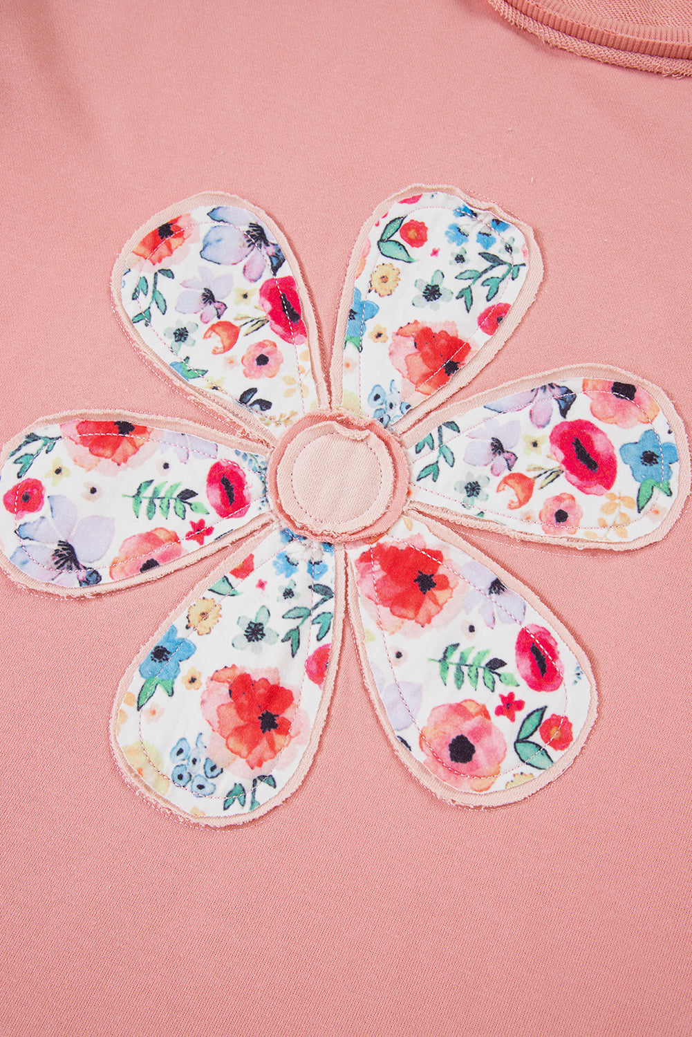 Peach Blossom Flower Applique Patchwork Drop Sleeve Pullover Sweatshirt 38084fc60b6fe39c