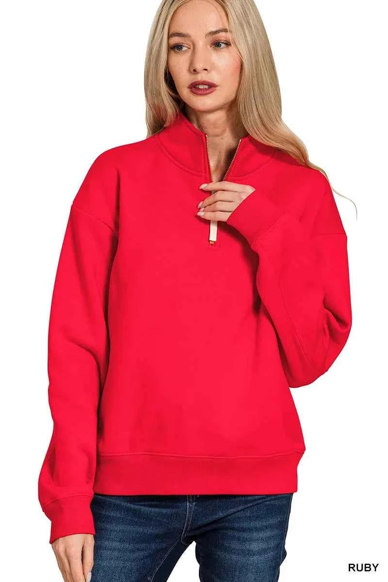 Zenana Fleece Half Zip Sweatshirt RUBY 381d26484fe7497abec95a3c44fad438-Max-Origin