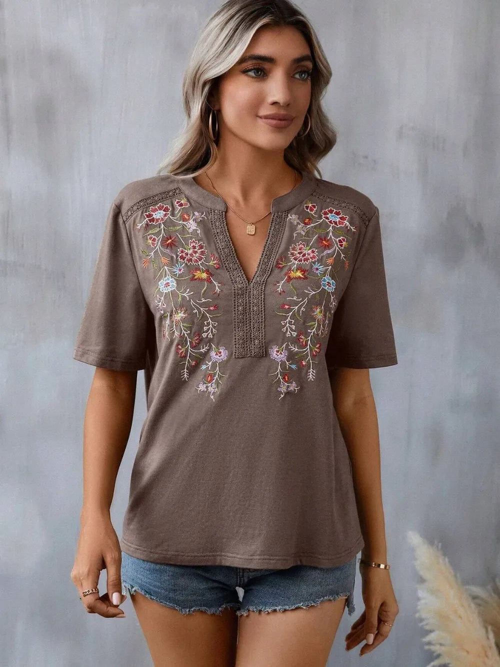 Embroidered Notched Short Sleeve T-Shirt Taupe 3820fe65-a5e7-48ba-9864-4e5b7cc872ca-Max