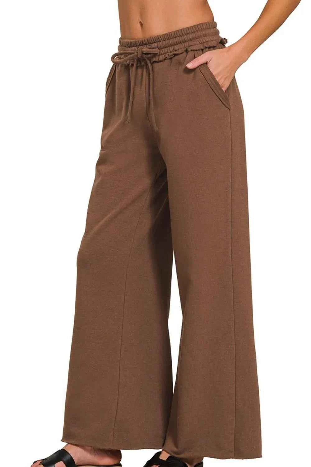 Zenana Fleece Exposed Seam Wide Leg Sweatpants BROWN 38222ddd-7695-464f-a76a-73b3eddbaa46-Max-Origin