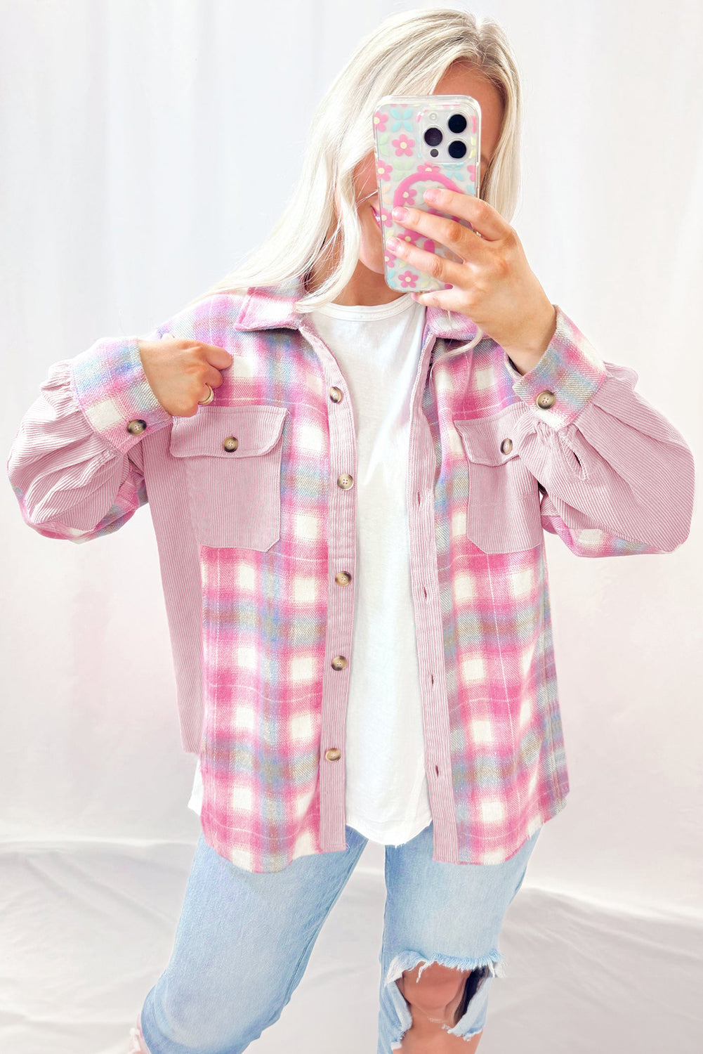 Pink Brushed Plaid Corduroy Flap Pockets Patchwork Shacket 382b9e4046182aea