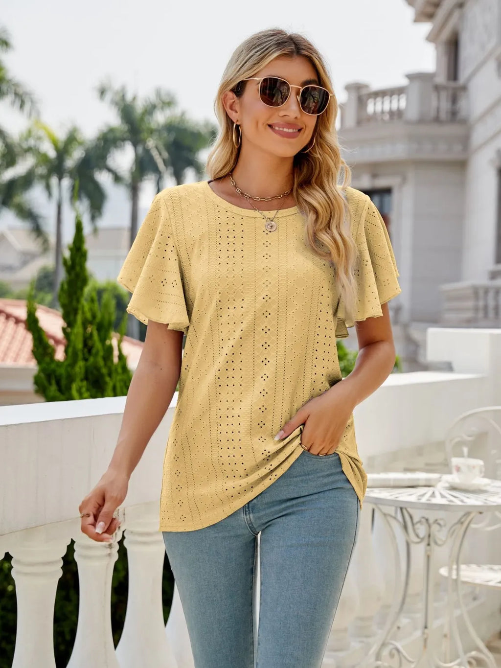 Eyelet Round Neck Flutter Sleeve T-Shirt 382bd3d1-da5f-4800-8eaf-f7a178d811ce-Max-Origin