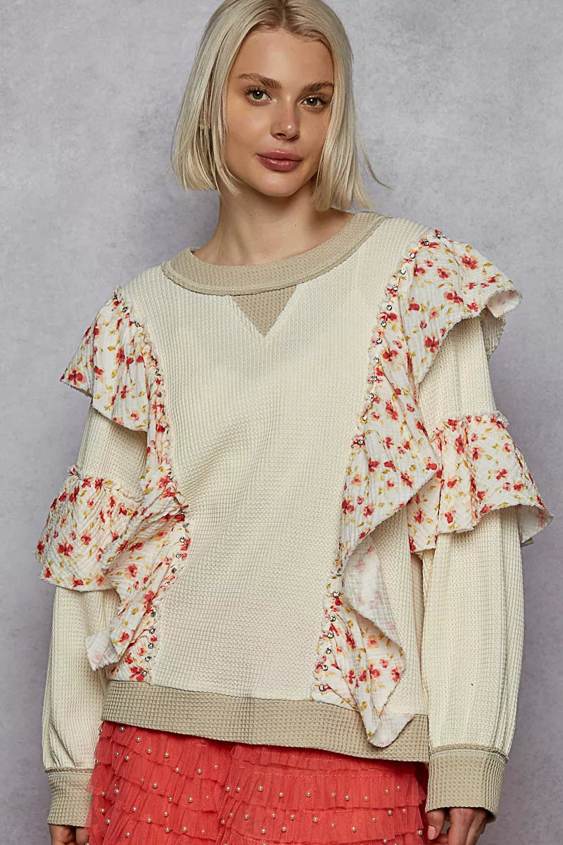 POL Round Neck Sweater with Floral Ruffle Detail POWDER CREAM 38369e97-7494-496f-a078-055083f0503c-Max-Origin